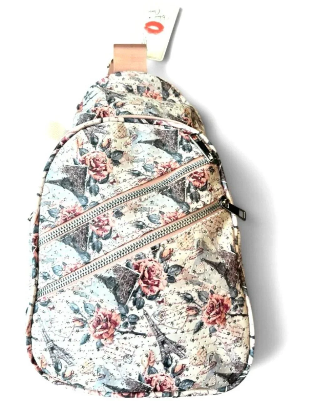 Eiffel Tower Paris Crossbody Shoulder Bag Adjustable Sling Bag Pink Roses NWT
